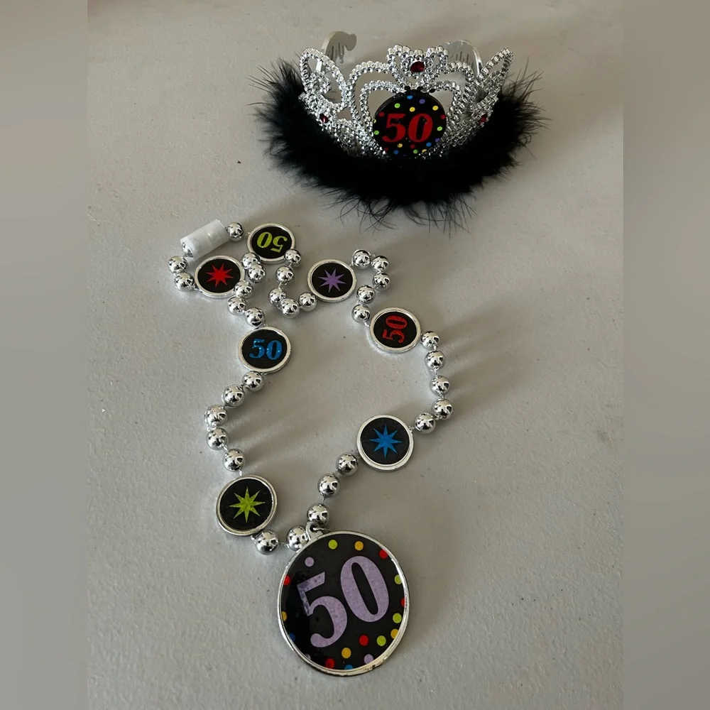 Silver and Black 50th Birthday Tiara and Necklace with Red Accents
